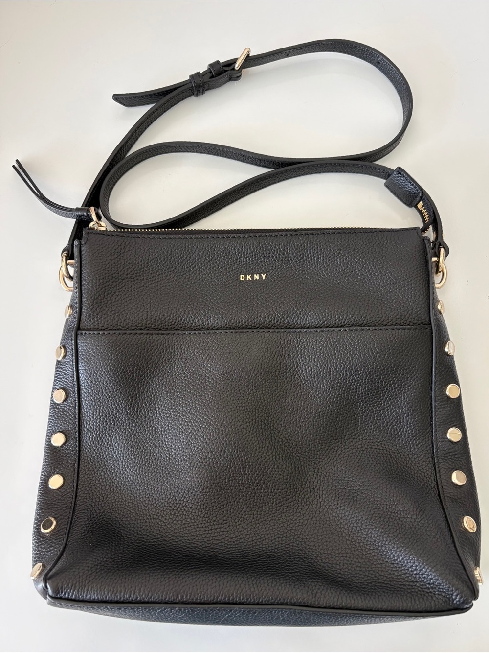 DKNY Black Leather Crossbody with Gold Stud Accents Like New